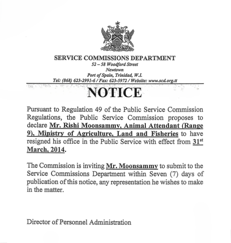 NOTICE – Service Commission – Mr. Rishi Moonsammy – May 15, 2024