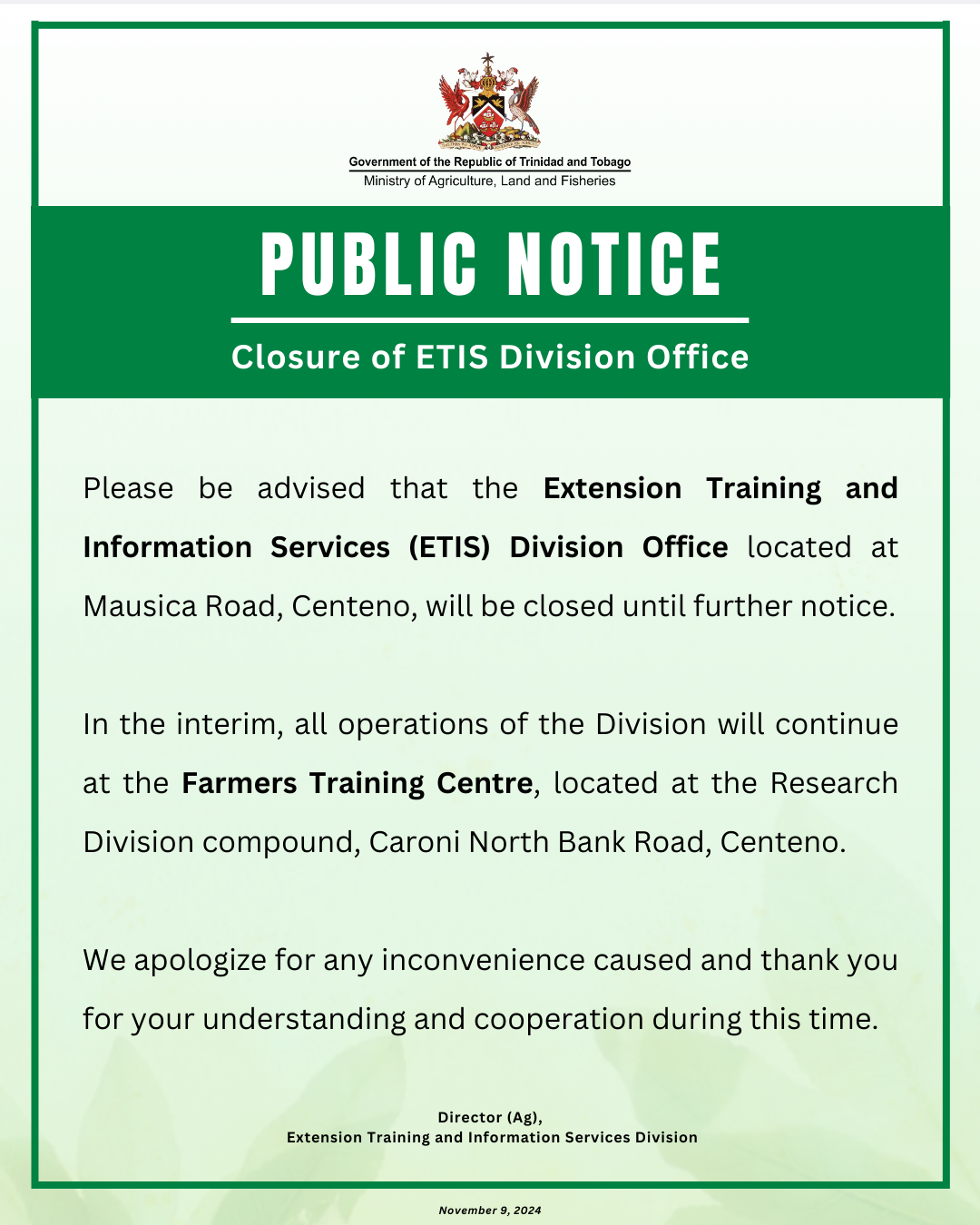 PUBLIC NOTICE – Closure of ETIS Division Office – November 09, 2024
