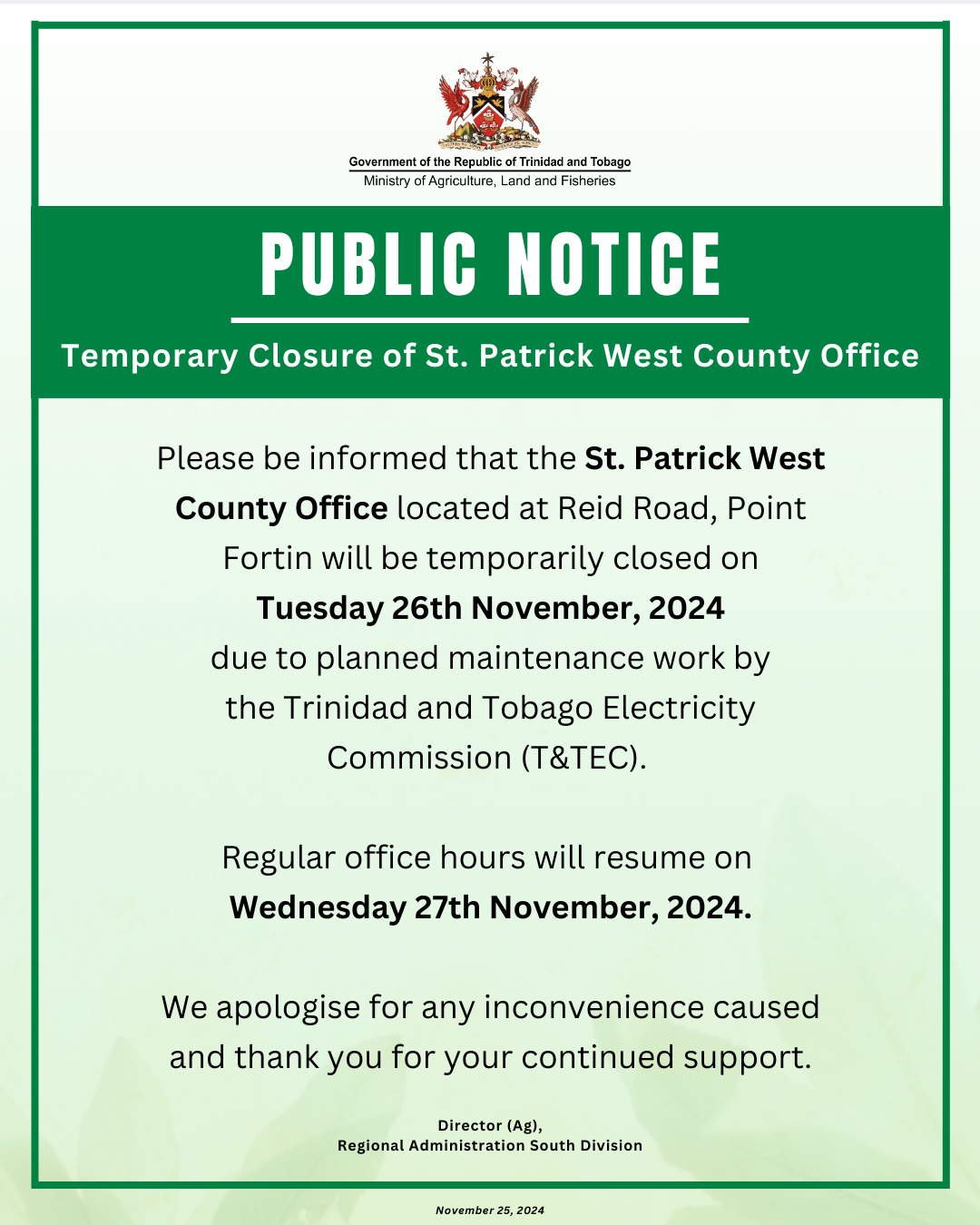PUBLIC NOTICE – Closure of St Patrick West County Office – November 26, 2024