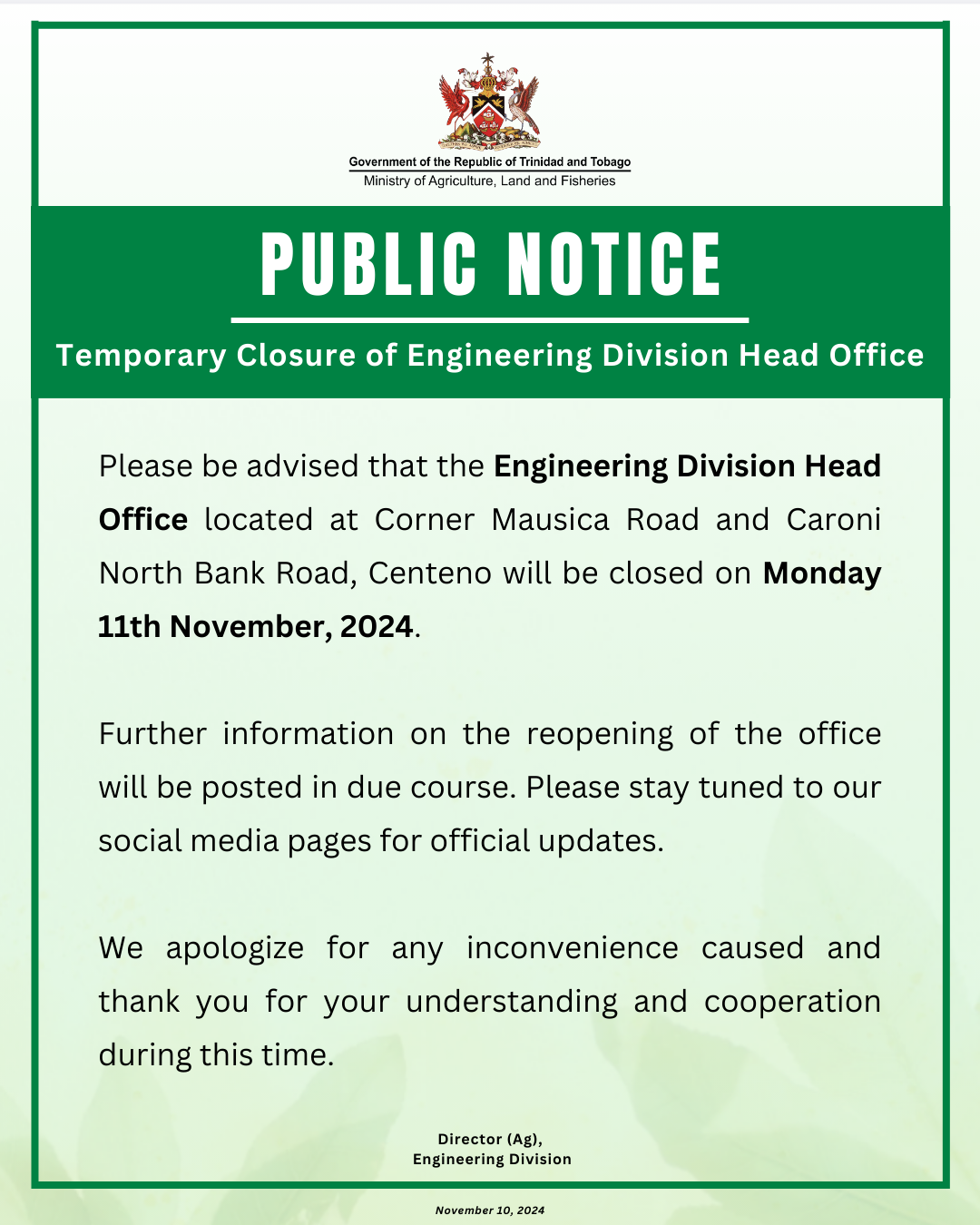 PUBLIC NOTICE – Temporary Closure of Engineering Division Head Office – November 10, 2024