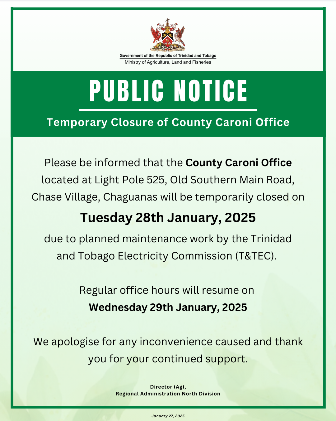PUBLIC NOTICE – Closure of County Caroni Office – January 28, 2025