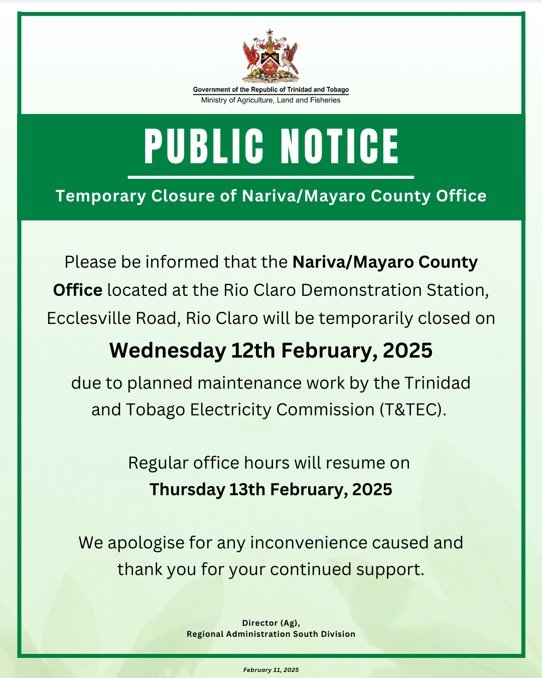 PUBLIC NOTICE – Temporary Closure of NarivaMayaro County Office – February 12, 2025