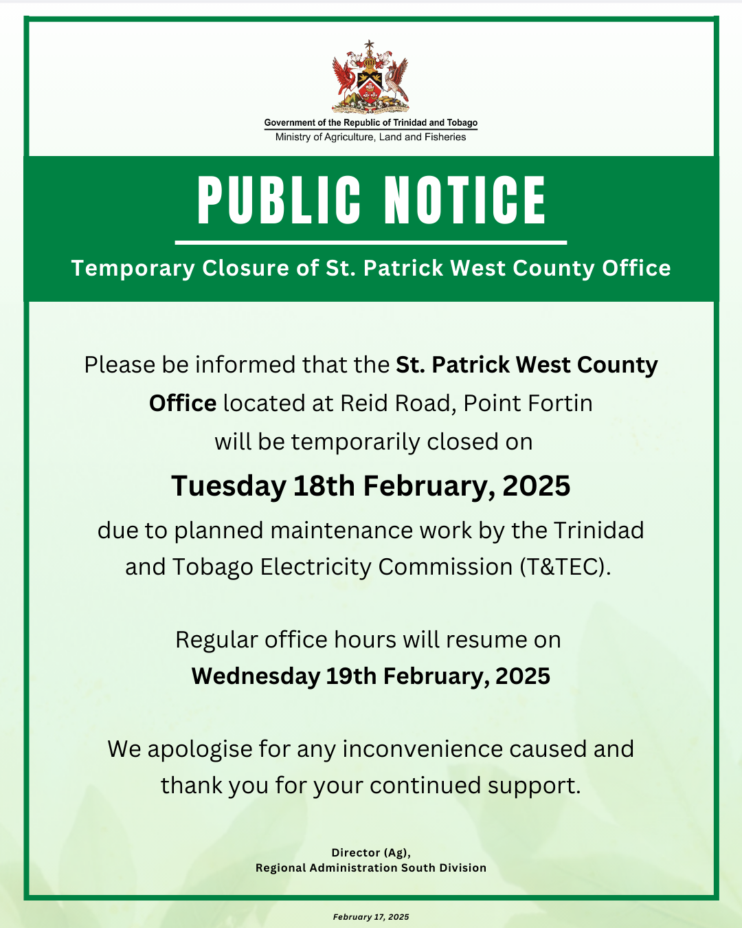 PUBLIC NOTICE – Temporary Closure of St. Patrick West County Office – February 18, 2025