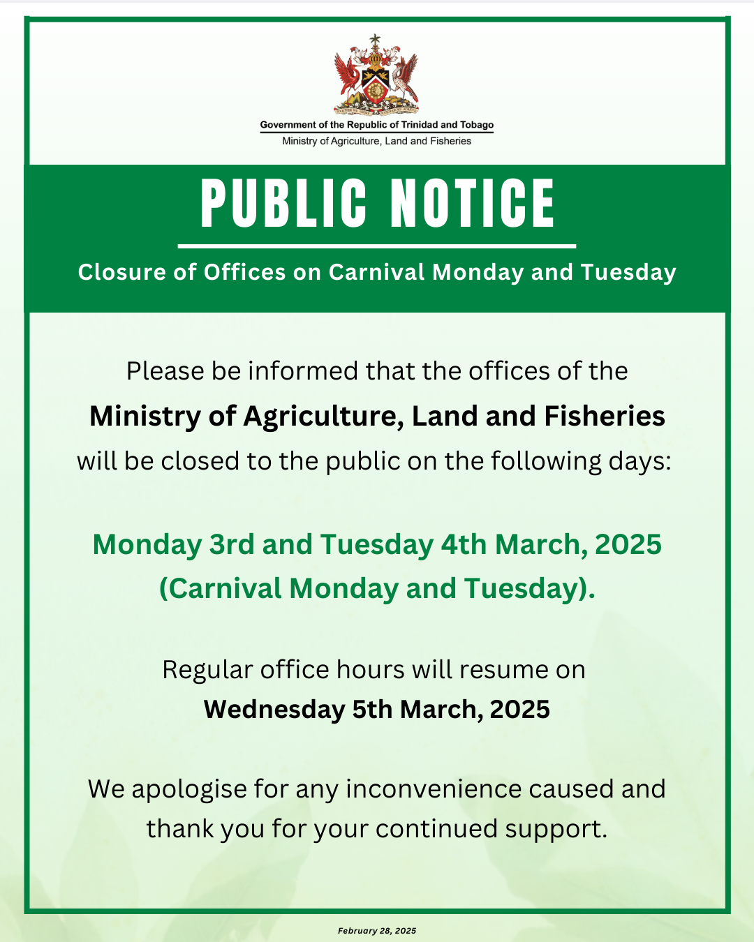 PUBLIC NOTICE – Closure of Offices on Carnival Monday and Tuesday – February 28, 2025