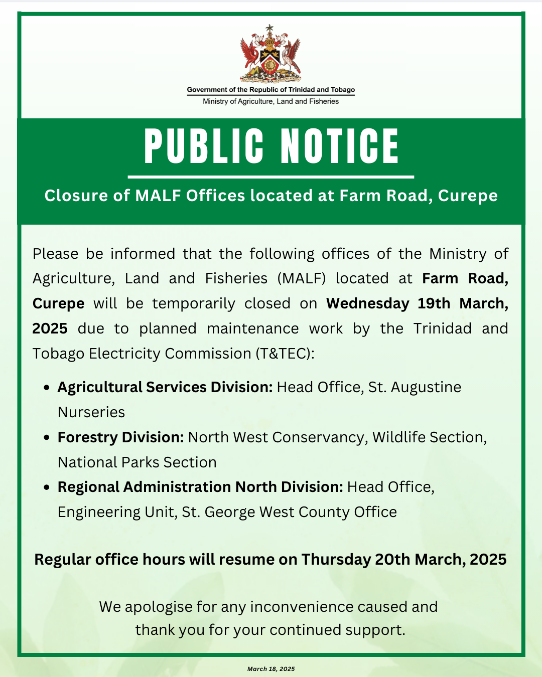 PUBLIC NOTICE – Closure of Offices on Farm Road, Curepe – March 18, 2025