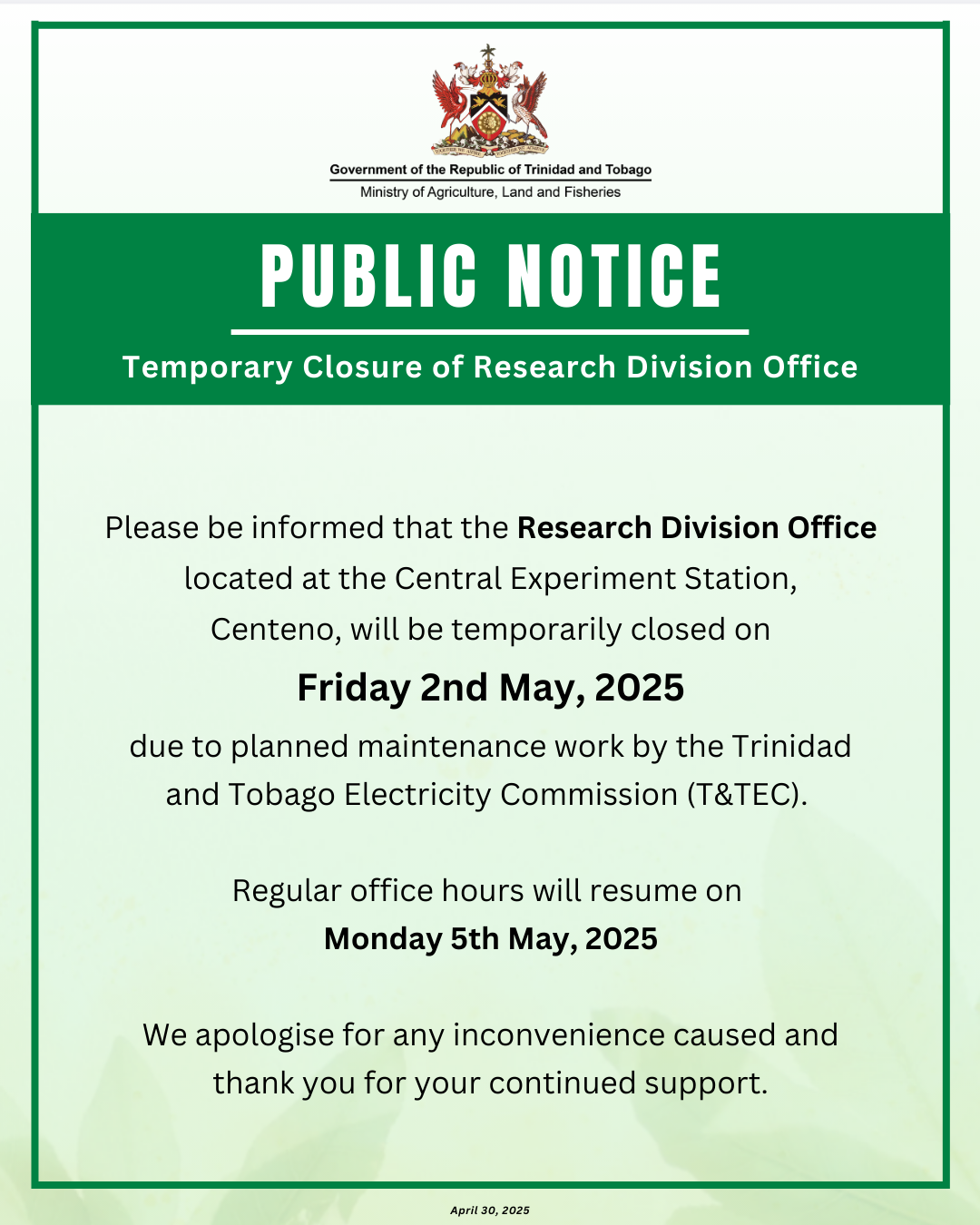PUBLIC NOTICE – Temporary Closure of Research Division Head Office – May 2, 2025