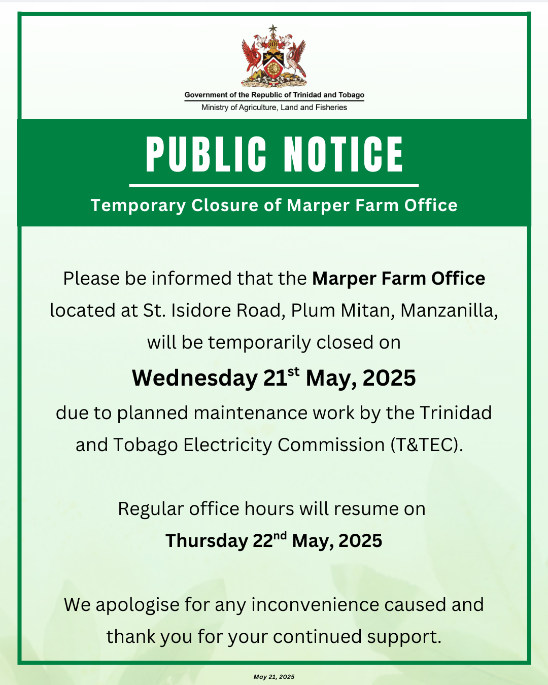 PUBLIC NOTICE – Temporary Closure of Marper Farm Office – May 21, 2025