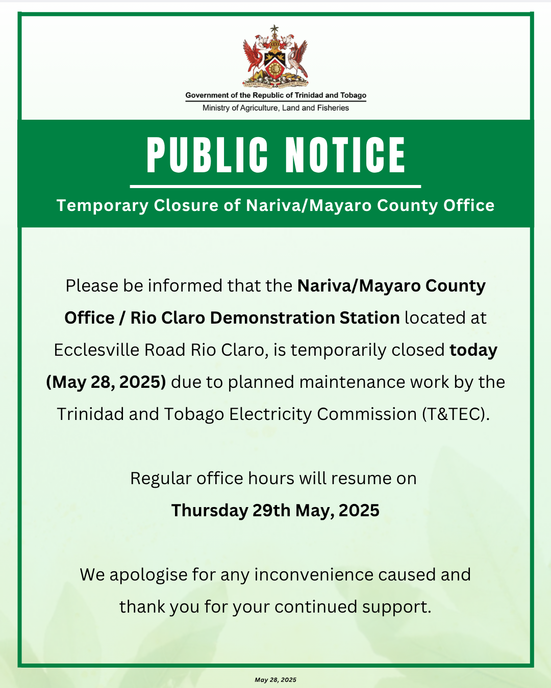 PUBLIC NOTICE – Temporary Closure of NarivaMayaro County Office – May 28, 2025