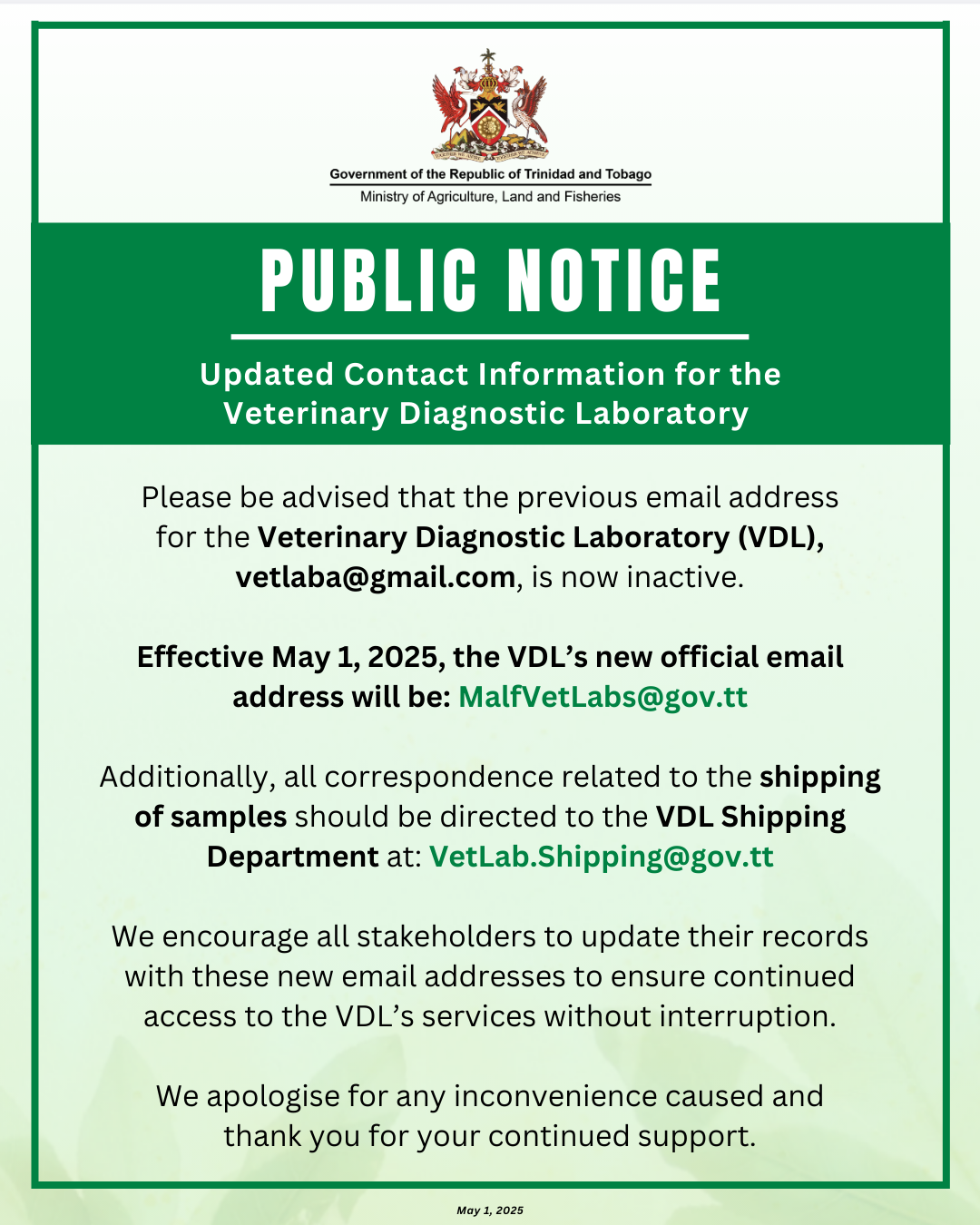 PUBLIC NOTICE – Updated Contact Information for the Veterinary Diagnostic Laboratory (VDL) – May 1, 2025
