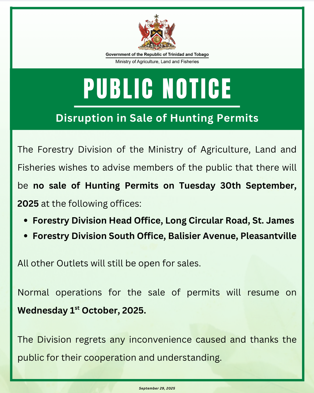 PUBLIC NOTICE – Disruption in Sale of Hunting Permits – September 29, 2025
