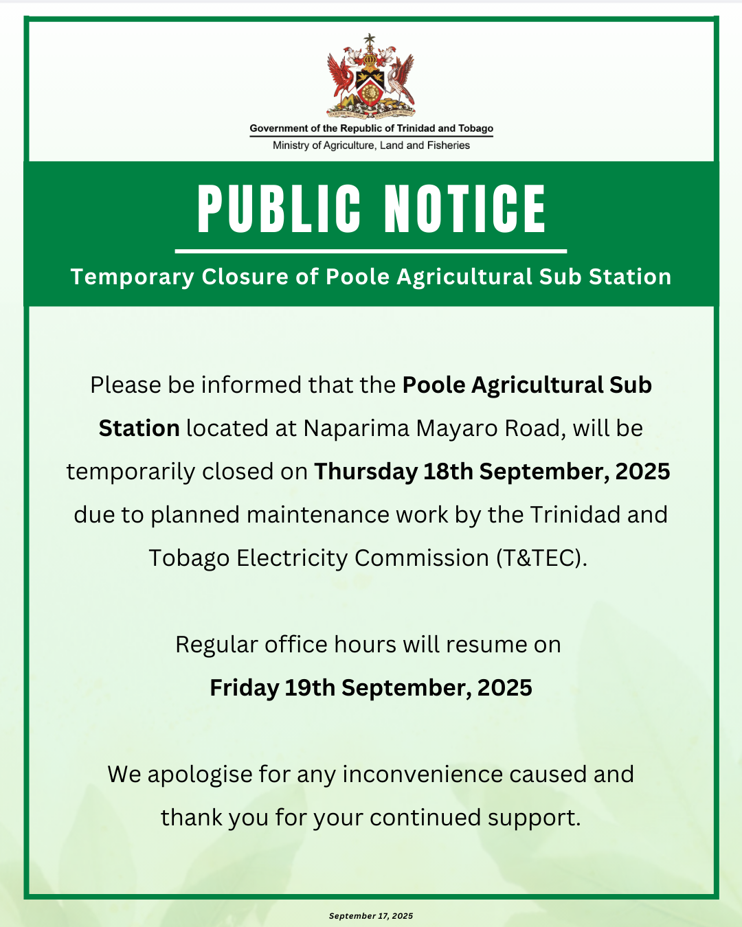 PUBLIC NOTICE – Temporary Closure of Poole Agricultural Sub Station – September 18, 2025