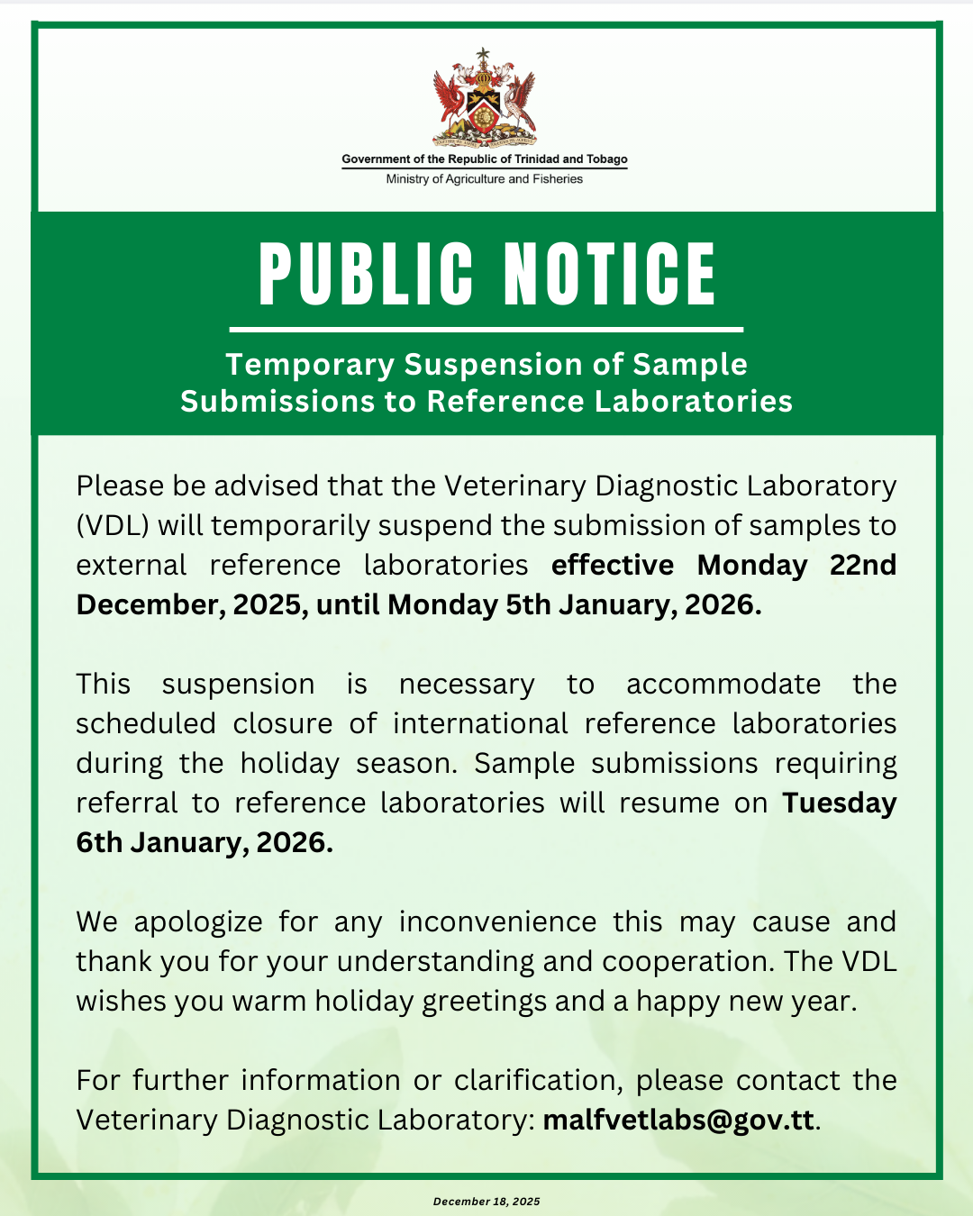 PUBLIC NOTICE – Temporary Suspension of Sample Submissions to Reference Laboratories – December 18, 2025